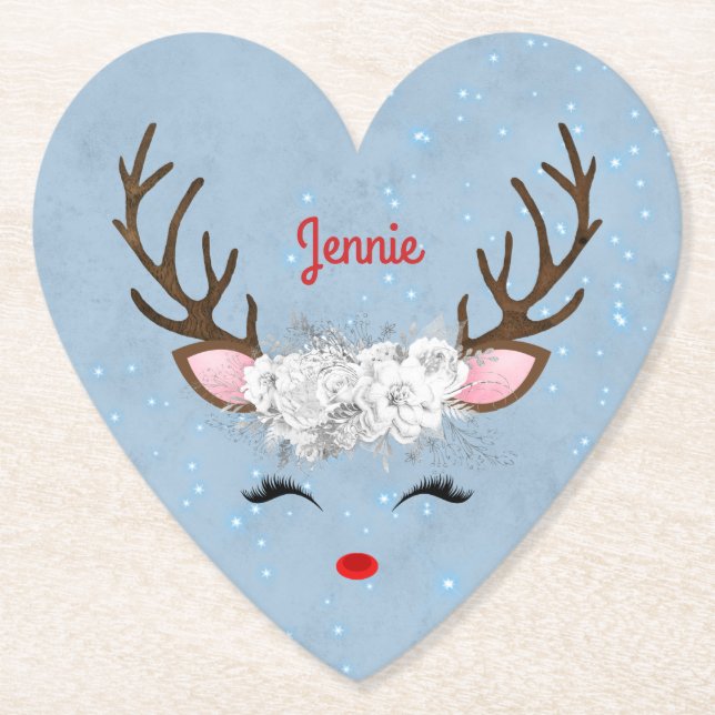 Sweet Reindeer Eyelashes and Antlers with Flowers Paper Coaster (Front)