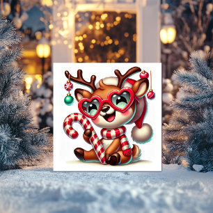 Sweet Reindeer in Striped Scarf and Candy Cane Holiday Card
