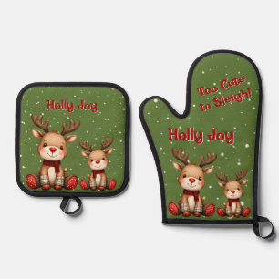 Sweet Reindeer Pair in Holiday Snowfall Oven Mitt & Pot Holder Set