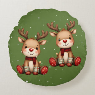 Sweet Reindeer Pair in Holiday Snowfall Round Cushion