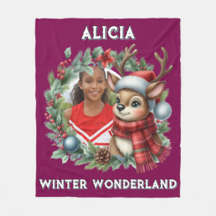 Sweet Reindeer Photo Christmas Wreath Christmas Fleece Blanket