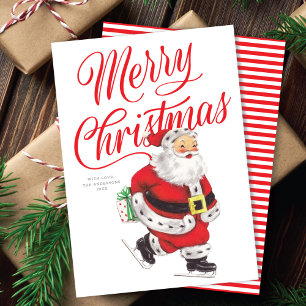 Sweet Retro Ice Skating Santa Non-Photo Christmas Holiday Card