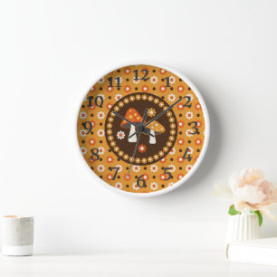 Sweet Retro Mushrooms and Flowers  Clock