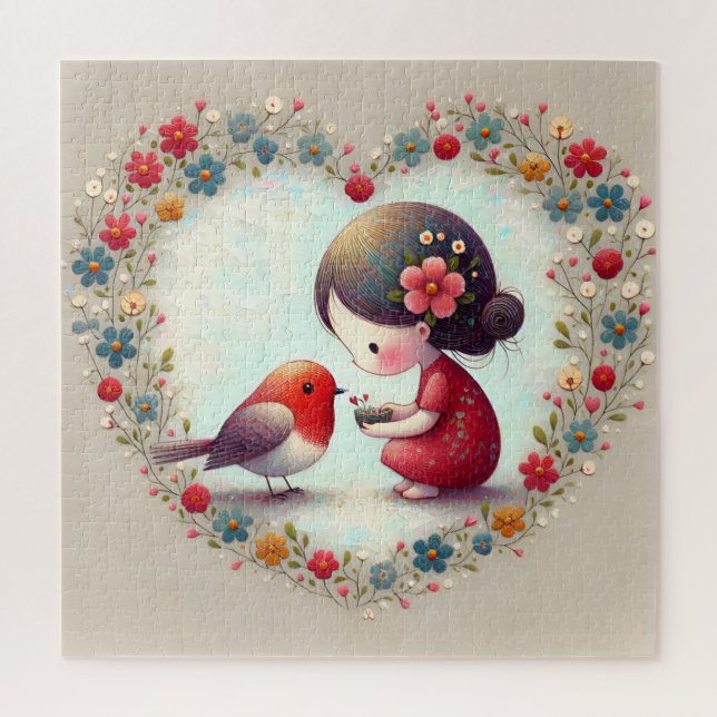 Sweet Robin and Little Girl Floral Heart Jigsaw Puzzle (Vertical)