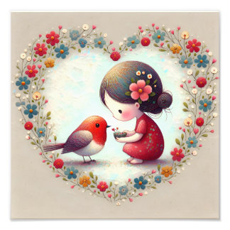 Sweet Robin and Little Girl Floral Heart Photo Print