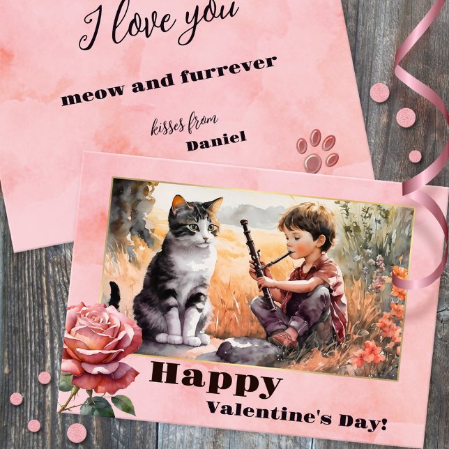 Sweet Romantic Funny Cat Happy Valentines Day Card (A sweet funny Valentine's Day card with a watercolor of a boy singing a love song for a cute kitty)