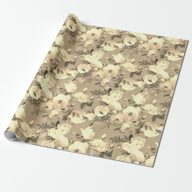 Sweet Roses on Sepia Wrapping Paper (Unrolled)