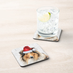Sweet Rough Collie Dog Woof Word Art Holiday Coaster