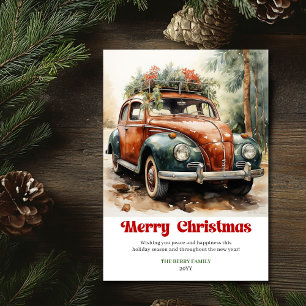 Sweet rustic Christmas scene red car winter Holiday Card