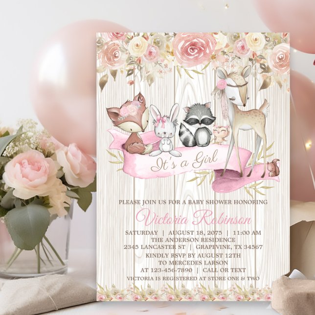 Sweet Rustic Forest Woodland Animal Baby Shower Invitation (Cute woodland baby shower invitation with sweet baby animals on a rustic wood and floral background.)