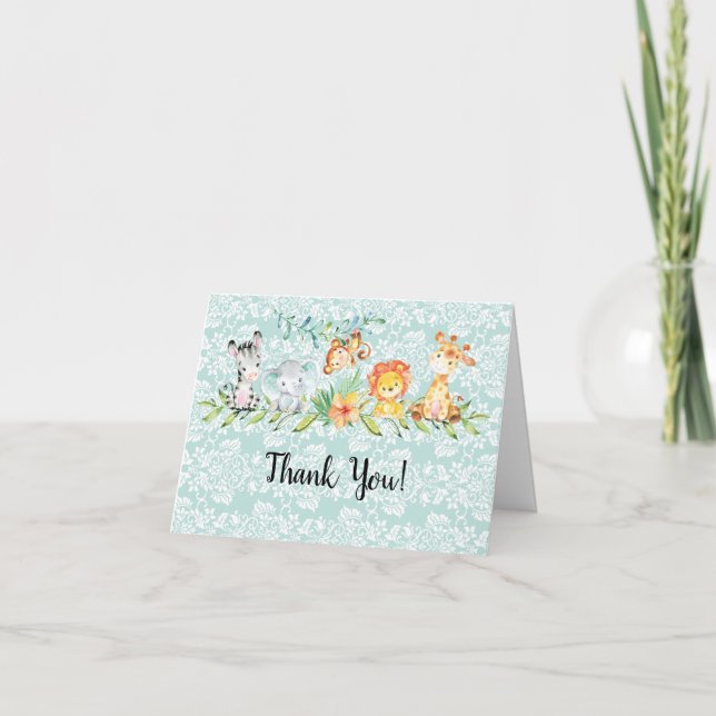 Sweet Safari Animals Baby Shower Thank You Note Card (Front)