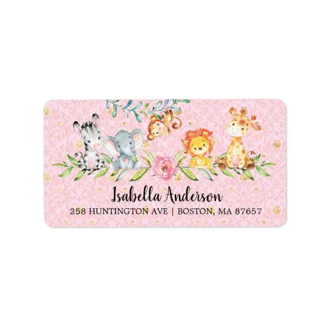 Sweet Safari Animals Girls Baby Shower Address Label (Front)