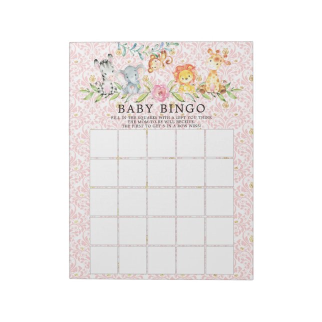 Sweet Safari Animals Girls Baby Shower Bingo Game Notepad (Rotated)