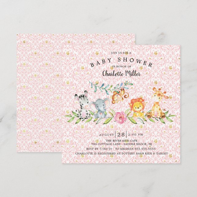 Sweet Safari Animals Girls Baby Shower Invitation (Front/Back)