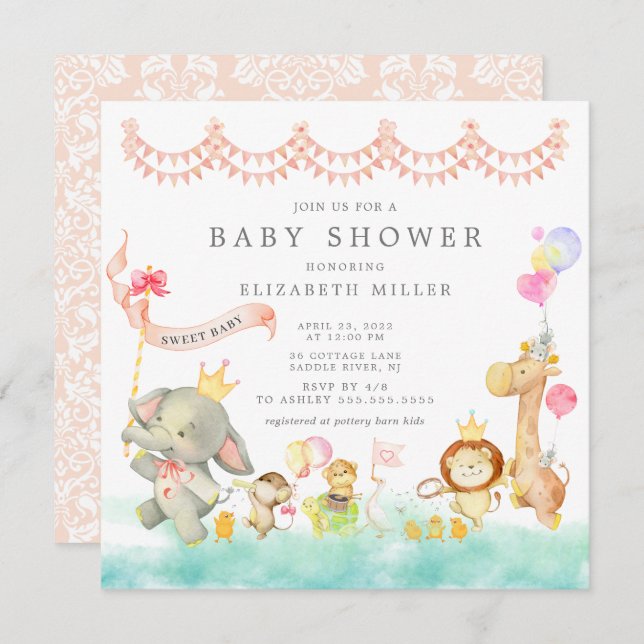 Sweet Safari Animals Parade Baby Shower Invitation (Front/Back)