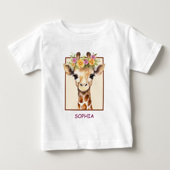 Sweet Safari Baby Giraffe in Pink and Yellow Baby T-Shirt (Front)