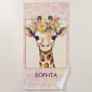 Sweet Safari Baby Giraffe in Pink and Yellow Beach Towel