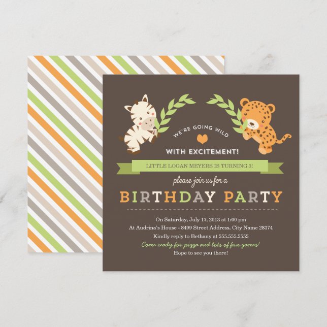 Sweet Safari Birthday Party Invitation (Front/Back)