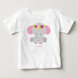 Sweet Safari Elephant Floral w/Personalisation Baby T-Shirt