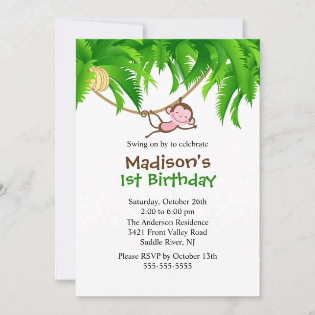 Sweet Safari Monkey Birthday Invitation (Front)