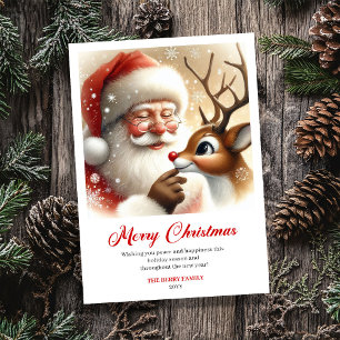 Sweet Santa And Rudolph Illustration Christmas Holiday Card