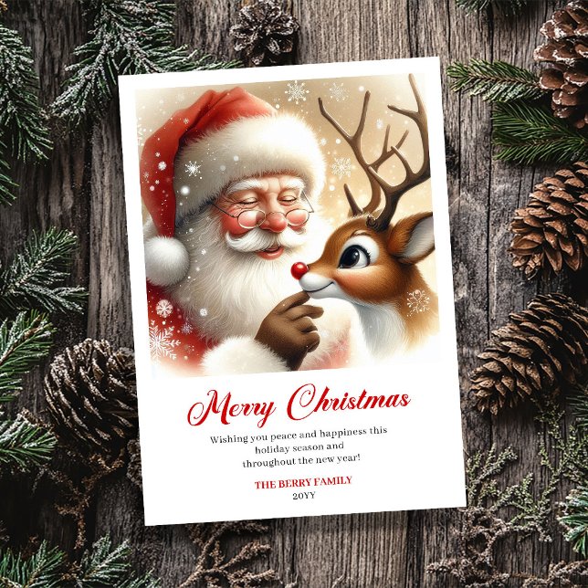 Sweet Santa And Rudolph Illustration Christmas  Holiday Card (Sweet Santa And Rudolph Illustration Christmas Card)