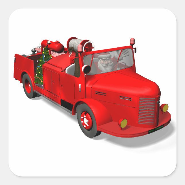 Sweet Santa Claus In Fire Engine Square Sticker (Front)