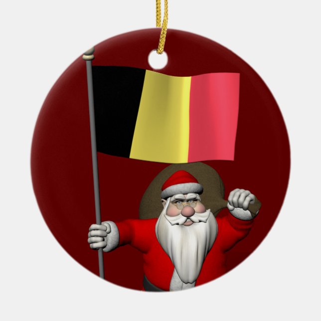 Sweet Santa Claus With Ensign Of Belgium Ceramic Tree Decoration (Front)