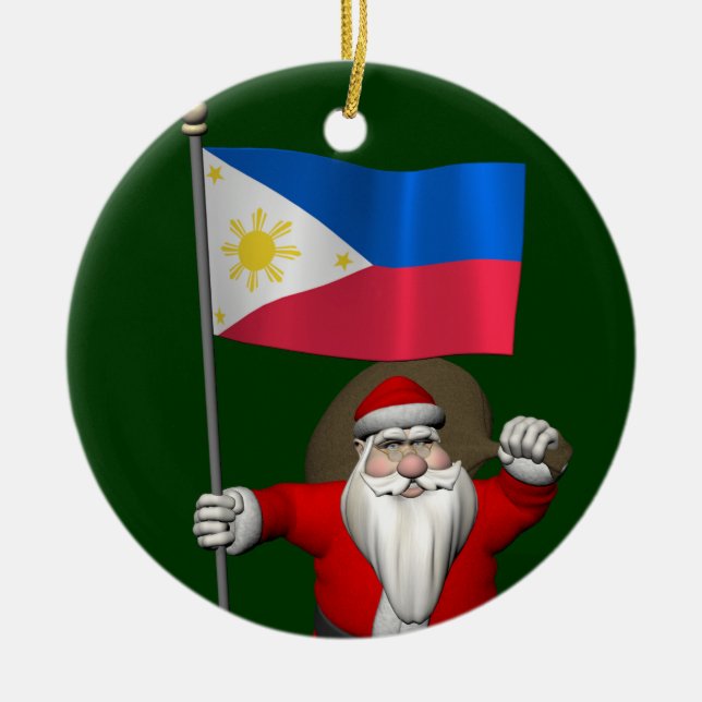 Sweet Santa Claus With Ensign Of The Philippines Ceramic Tree Decoration (Front)