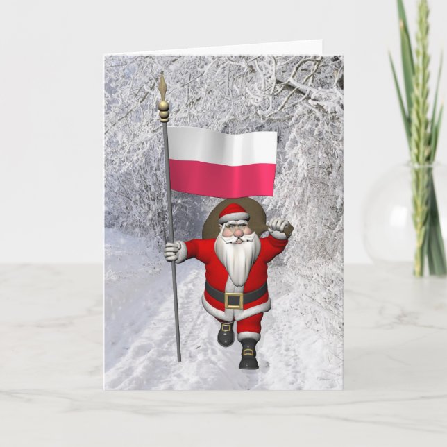 Sweet Santa Claus With Flag Of Poland Holiday Card (Front)