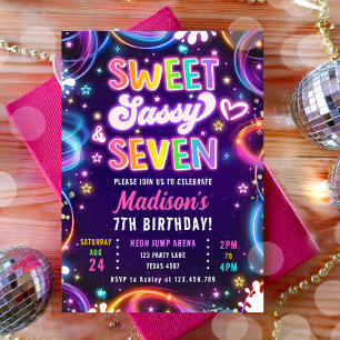 Sweet Sassy and Seven 7th Neon Glow Girl Birthday Invitation