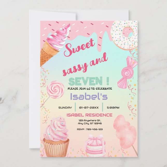 Sweet Sassy and Seven Candy Birthday  Invitation (Front)