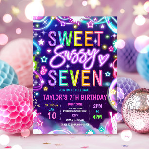 Sweet Sassy And Seven Neon Glow 7th Birthday Party Invitation