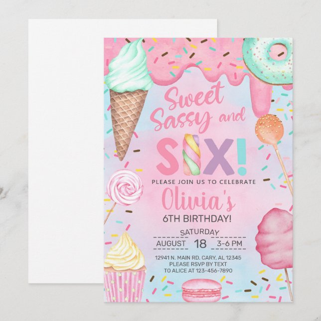 Sweet sassy and six girl 6th birthday invitation. invitation (Front/Back)