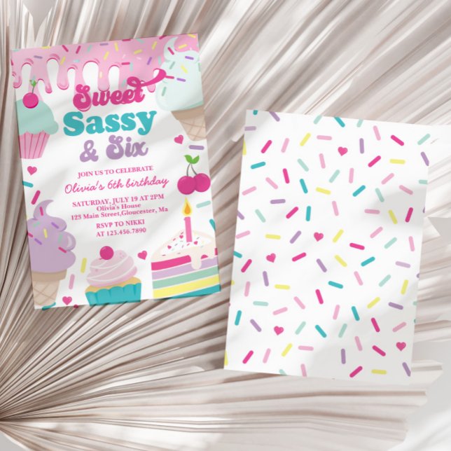 Sweet Sassy and Six Ice Cream and Cake Birthday Invitation (Creator Uploaded)