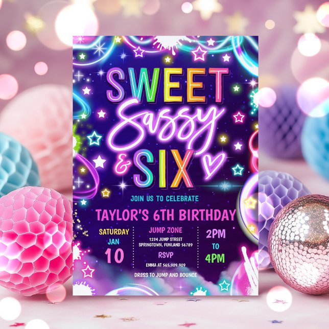 Sweet Sassy And Six Neon Glow 6th Birthday Party Invitation (Creator Uploaded)