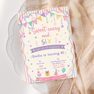 Sweet sassy and six pastel sweets 6th birthday invitation
