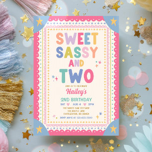 Sweet Sassy And Two Whimsical Girl 2nd Birthday Invitation