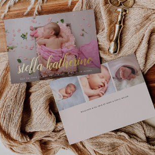 Sweet Script Photo Collage Foil Birth Announcement