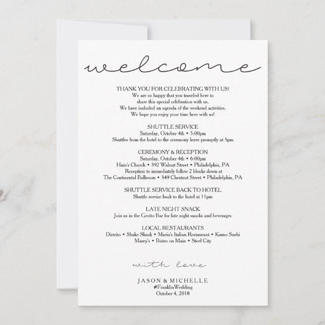 Sweet Script Wedding Itinerary - Wedding Welcome Invitation (Front)