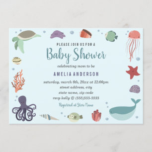 Sweet Sea Creatures Coral Blue Baby Shower Invitation