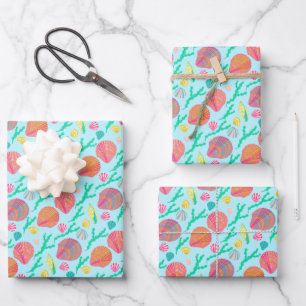 Sweet Seashells Pretty Aqua Pattern Beachy Wrapping Paper Sheet