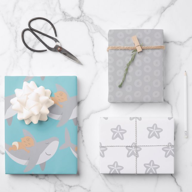 Sweet Shark Baby Shower Wrapping Paper Sheet Set (Front)