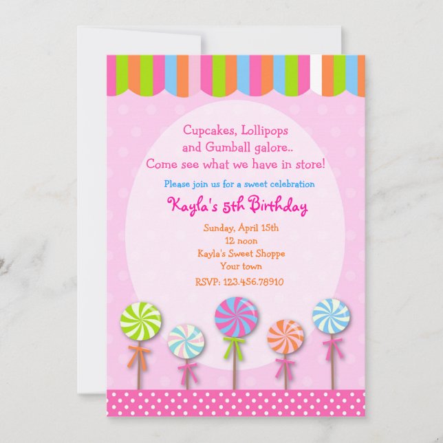 Sweet Shoppe  Candyland Birthday Invitations (Front)