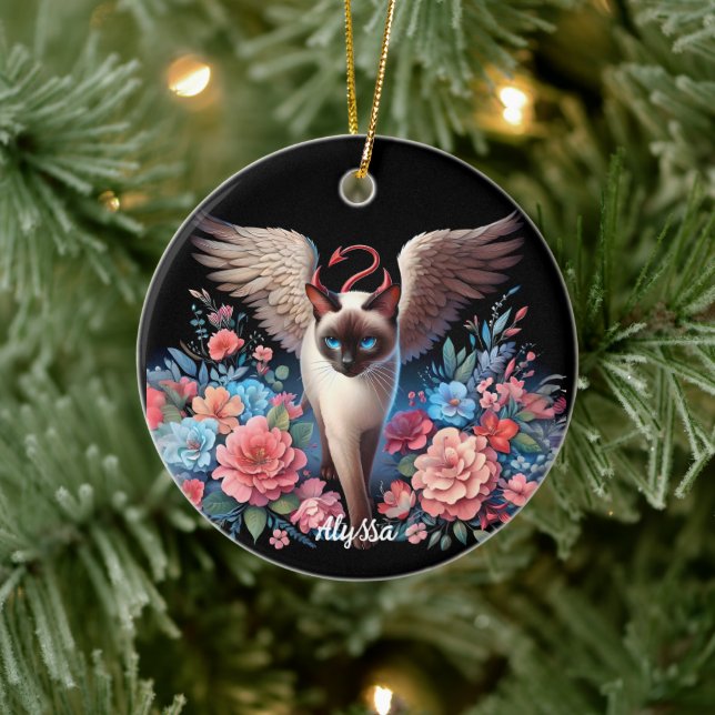 Sweet Siamese Demon and Angel Cat  Ceramic Tree Decoration (Tree)