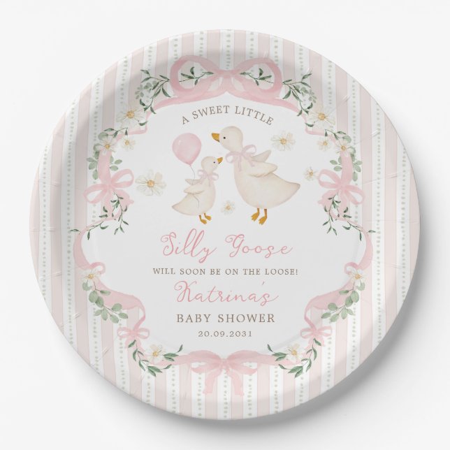 Sweet Silly Goose Pink Bow Floral Baby Shower Paper Plate (Front)