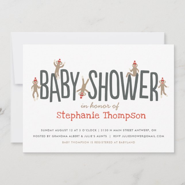 Sweet & Silly Sock Monkey Baby Shower Invitation (Front)