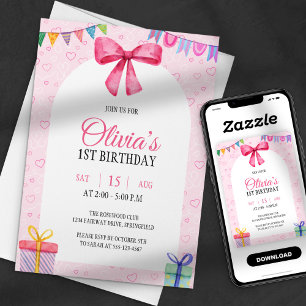 Sweet Simple Pink Watercolor Bow First Birthday Invitation