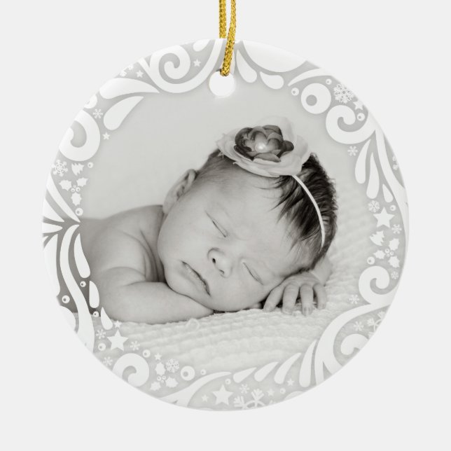 Sweet Simple White Swirl Design | custom photo Ceramic Tree Decoration (Front)