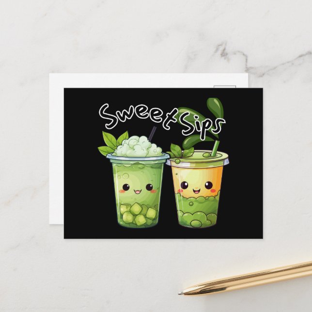 Sweet Sips Kawaii Bubble Tea Duo Postcard (Front/Back In Situ)